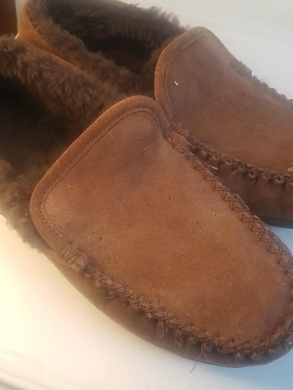 L.L. Bean Men's Brown Suede Moccasin Slippers - Dark Brown Lined Slip-Ons - Picture 5 of 10